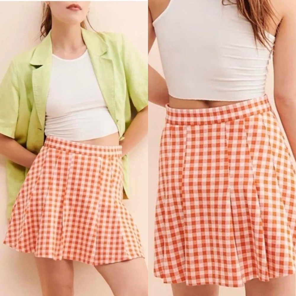 Free People Honey Pleated Mini Skirt Orange Gingham Size 10, Preppy, School girl